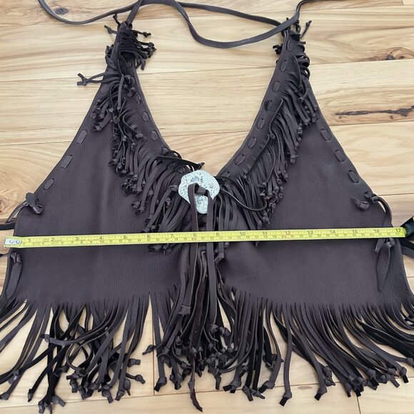 Handmade Genuine Leather Halter Top Bead Tassle Fringe Biker Chasing Unicorns S - Picture 5 of 8